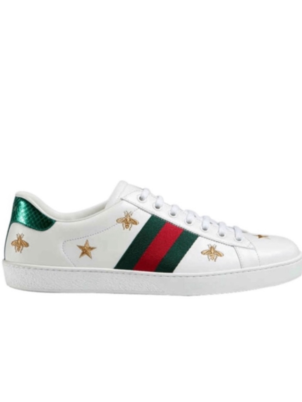 Gucci White Leather Sneaker with Green-Red Gold Embroidered Bees